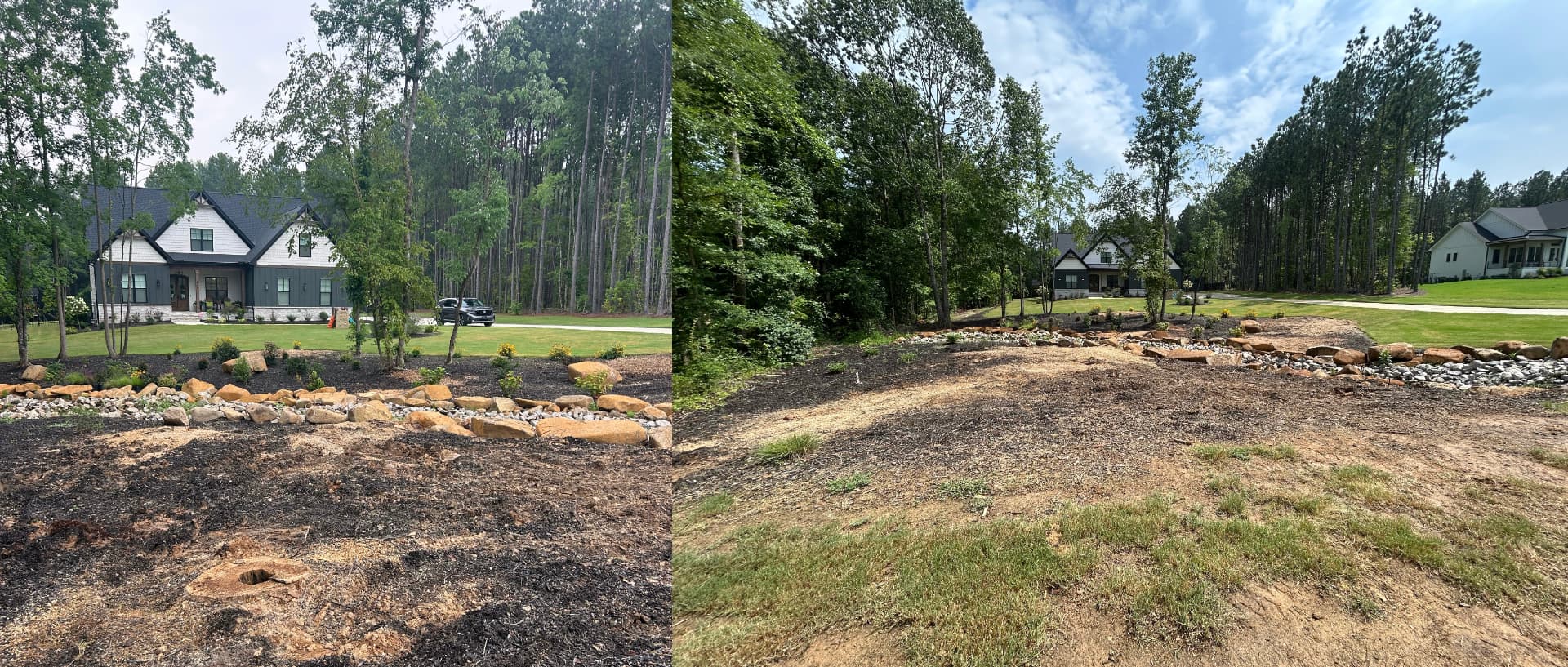 Before and after: cleared stump area in a large front yard, then the ground leveled and ready for landscaping