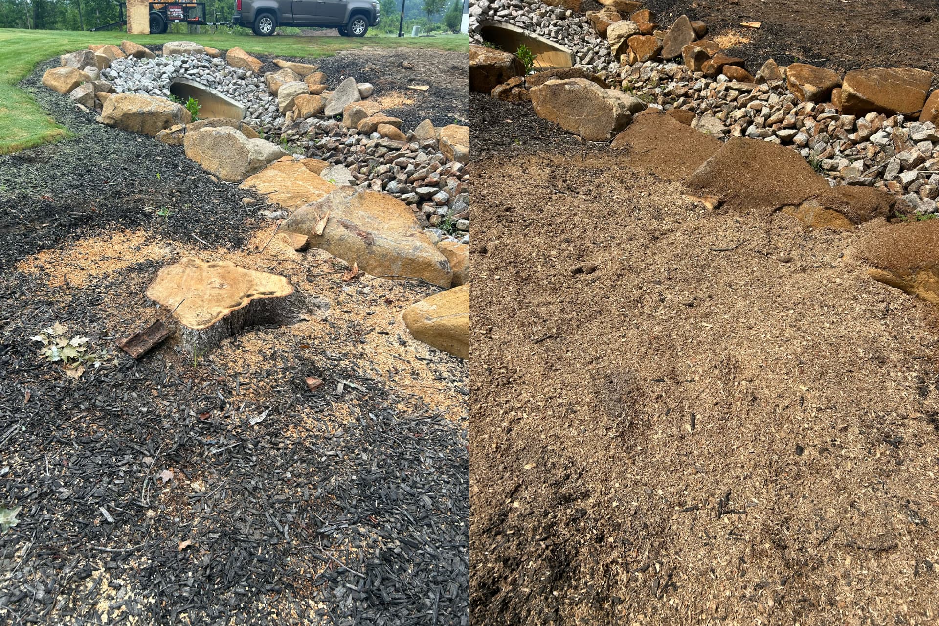Before and after: stump beside a dry creek rock bed, then grindings raked smooth along the stones