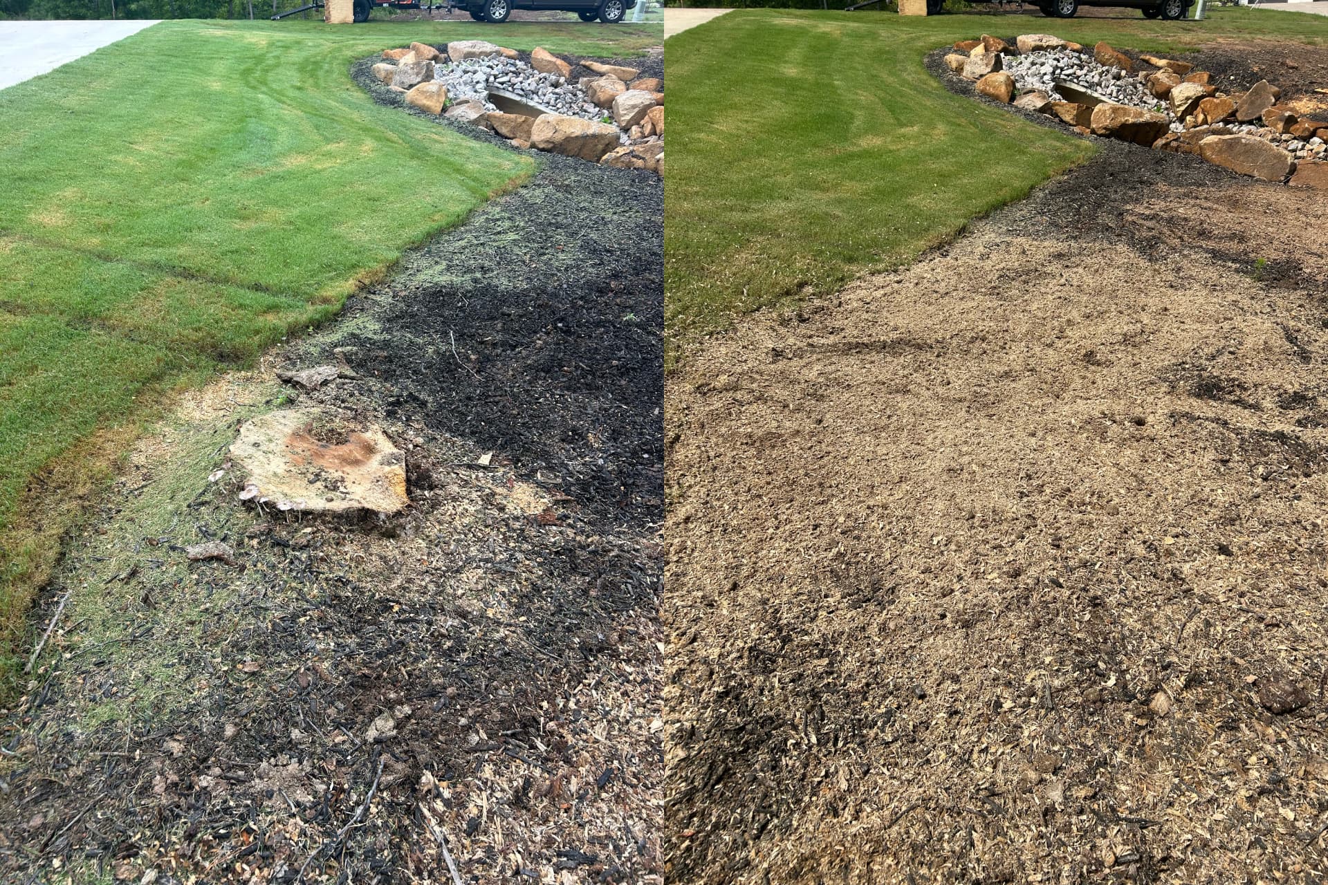 Before and after: stump at the edge of a lawn by a rock border, then the area ground down and leveled