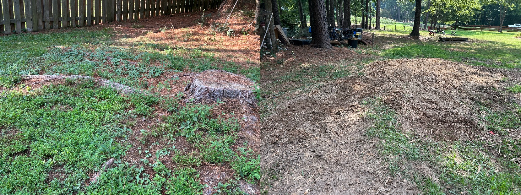 Before and after: stump in a backyard near a wood fence, then the same spot ground flat and cleared