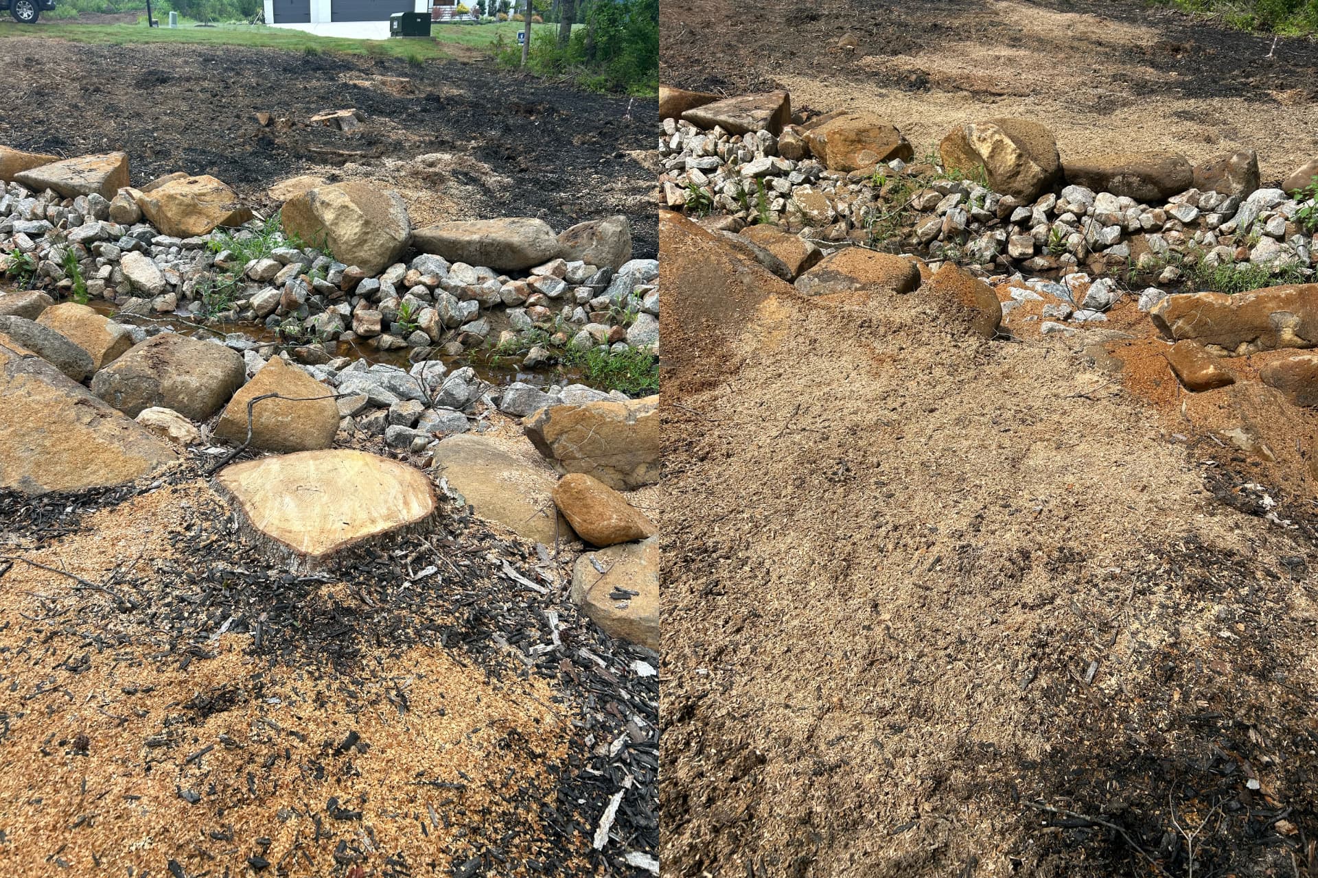 Before and after: cut stump near a stacked stone border, then a leveled bed of wood chips
